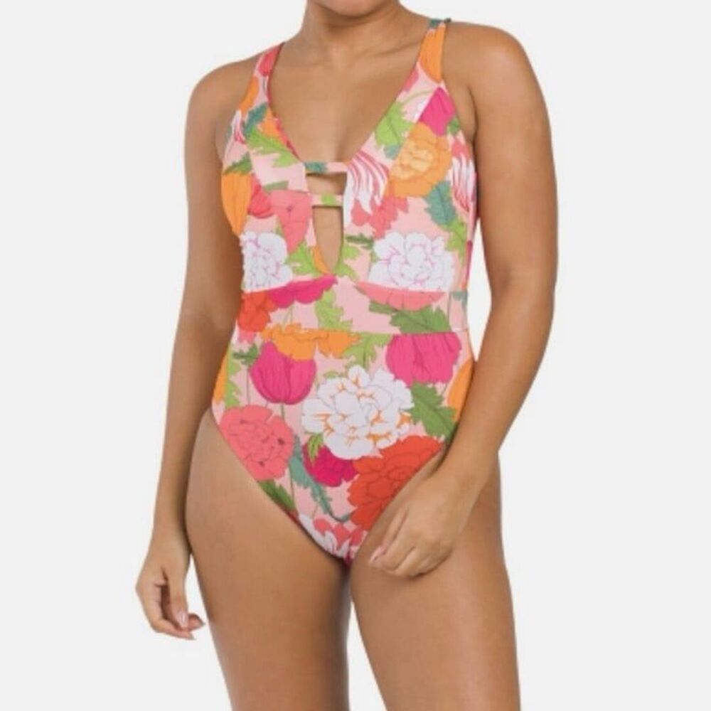 Trina Turk Women's Sunny Bloom Pink Floral Plunge One Piece Swimsuit Size 10